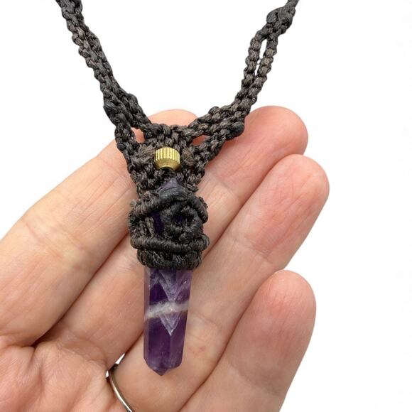 Brown Macrame Purple Amethyst Necklace with Golden Bead Adjustable Size - Picture 3 of 6